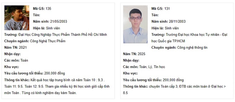 Gia sư tiêu biểu là sinh viên có kinh nghiệm